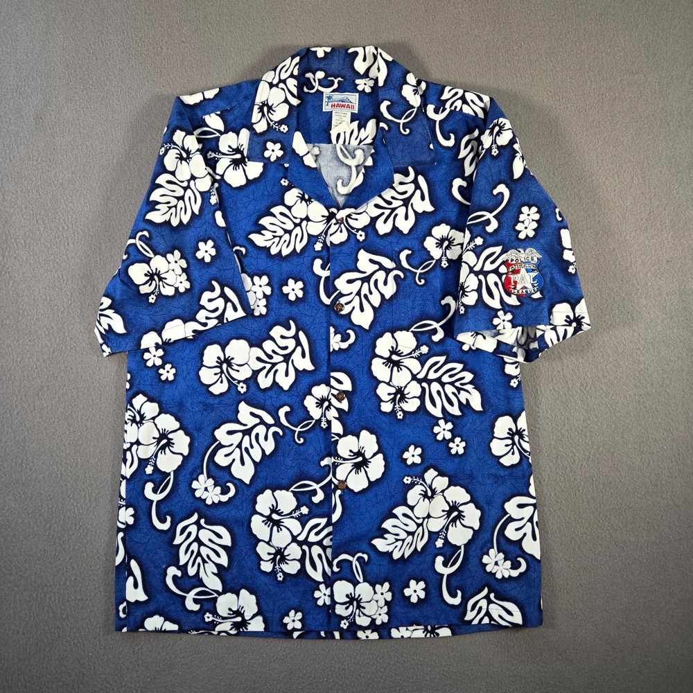 Vintage Hawaii Hawaiian Shirt Mens Large Blue Floral Police Athletic League PAL